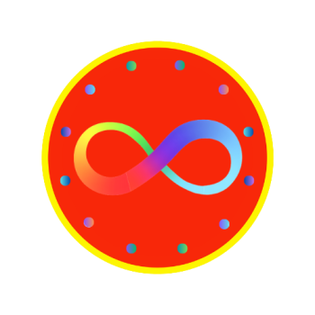 A red circle with a yellow outline and dots around the inside, with a rainbow infinity symbol in the middle